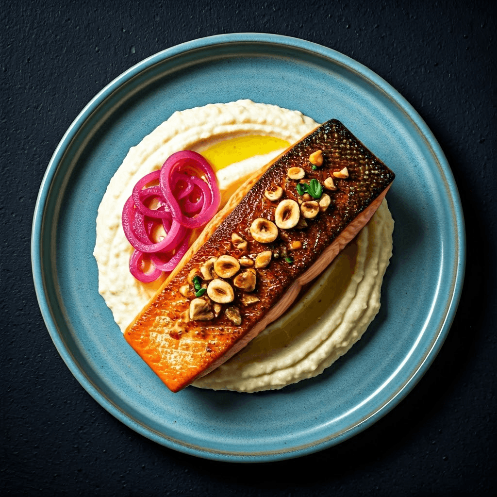 Pan-Seared Salmon with Cauliflower Purée, Toasted Hazelnuts, and Pickled Red Onions