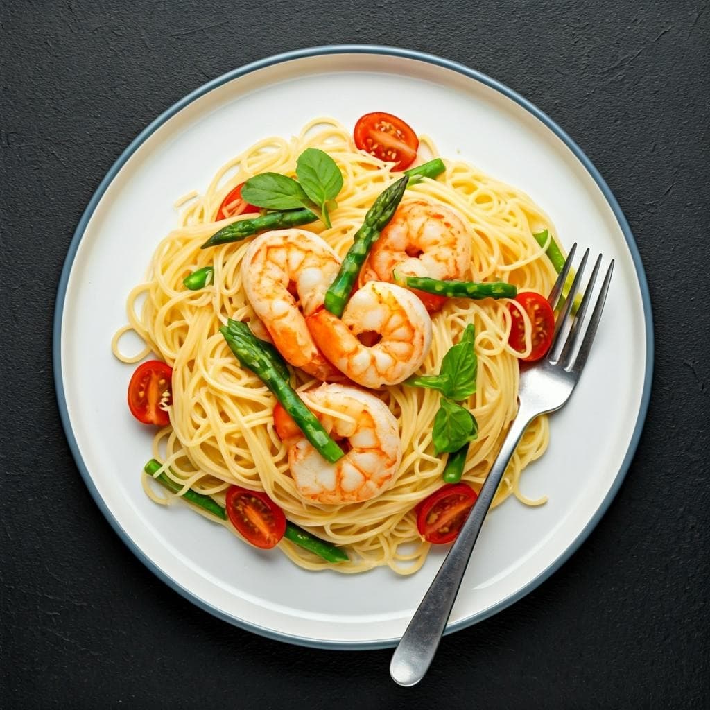 Angel Hair Pasta with Shrimp, Asparagus, and Grape Tomatoes