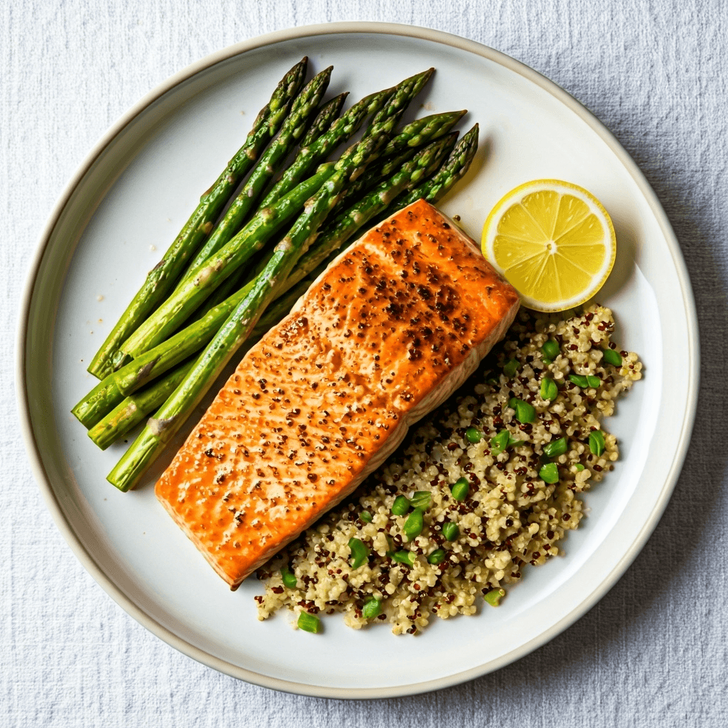 Pan-Seared Salmon with Roasted Asparagus and Quinoa
