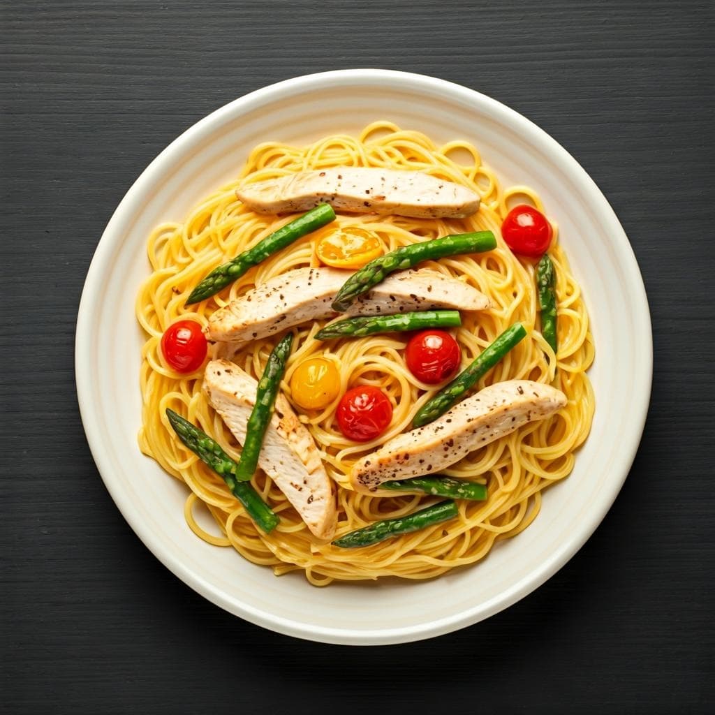 Angel Hair Pasta with Grilled Chicken, Asparagus, and Grape Tomatoes