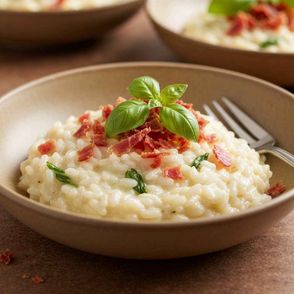 Creamy Garden Tomato & Basil Risotto with Crispy Prosciutto