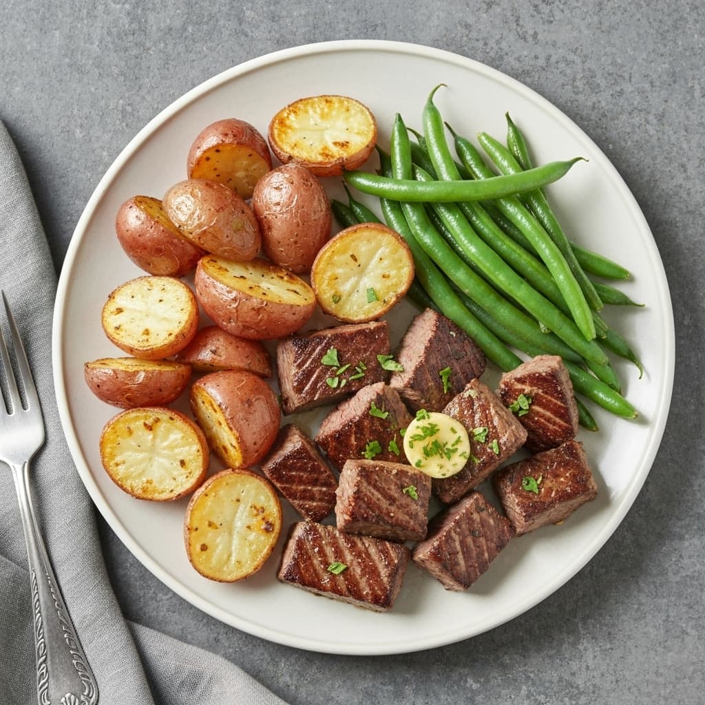 Garlic Butter Sirloin Skillet with Roasted Potatoes and Green Beans