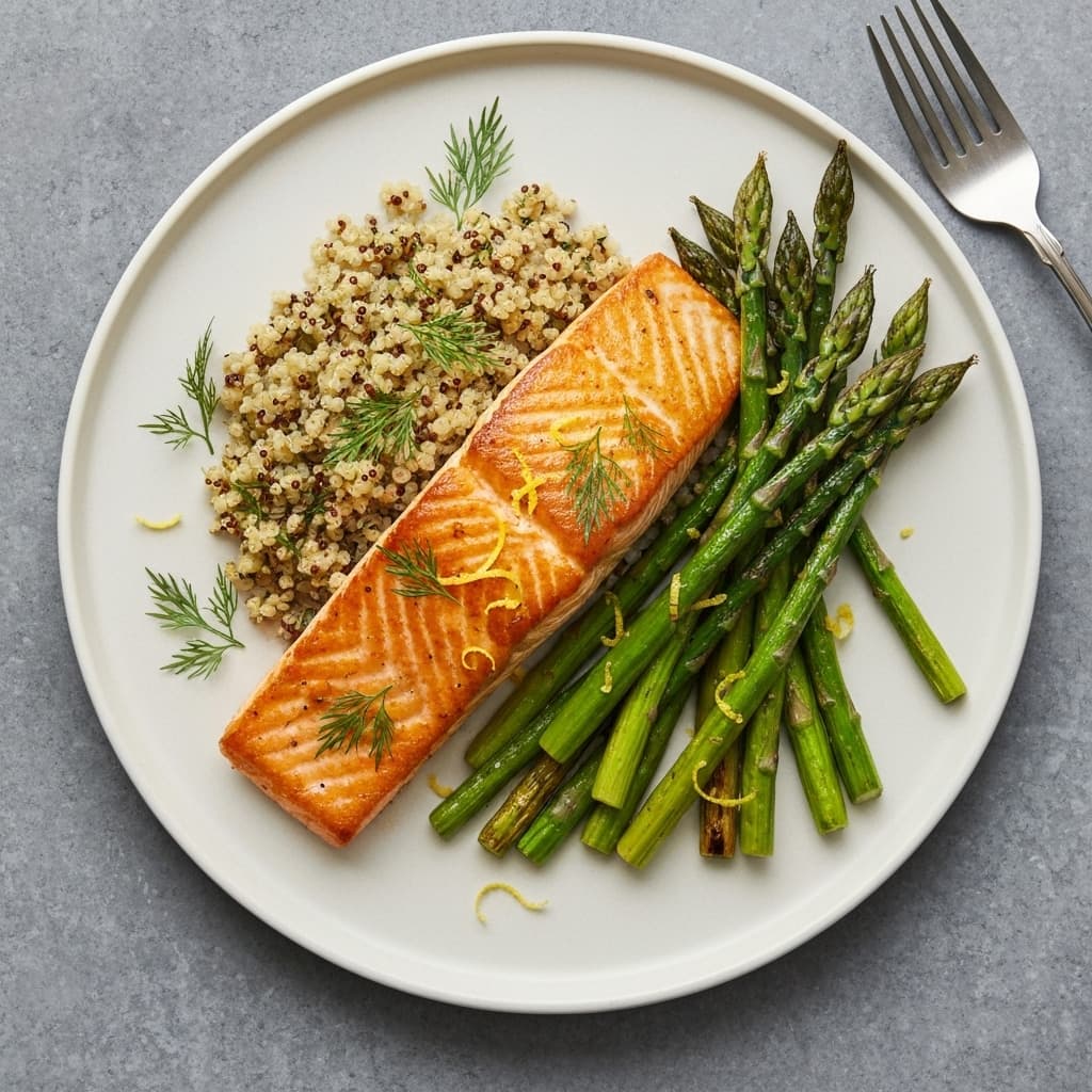 Pan-seared Salmon with Lemon-herb Quinoa and Roasted Asparagus