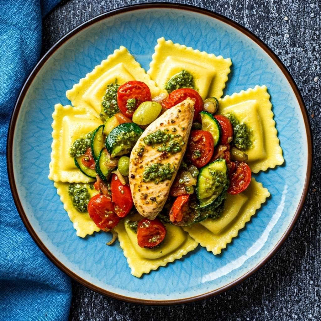 Lactose-free Ravioli & Chicken with Zucchini Pesto Sauté